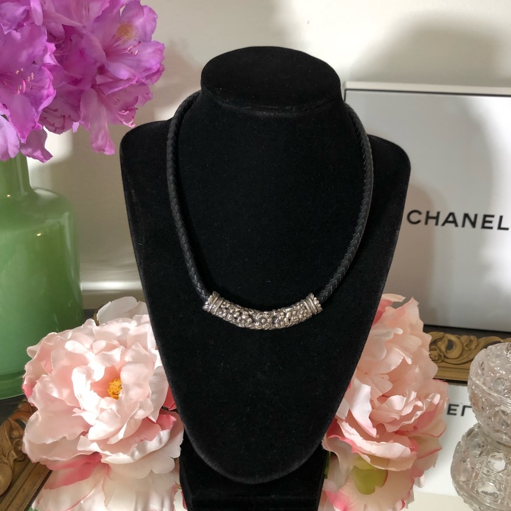 Brighton Silver & Black Leather Floral Pattern Adjustable Choker Style Necklace